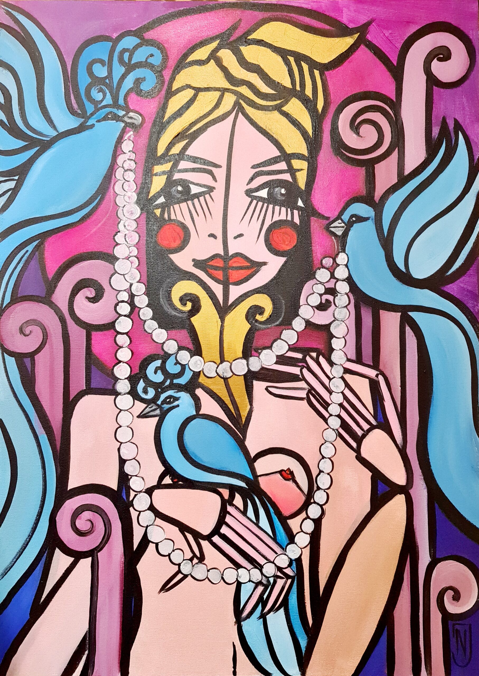 Kubistyczna kobieta ze sznurami pereł i niebieską gołębicą na dłoni