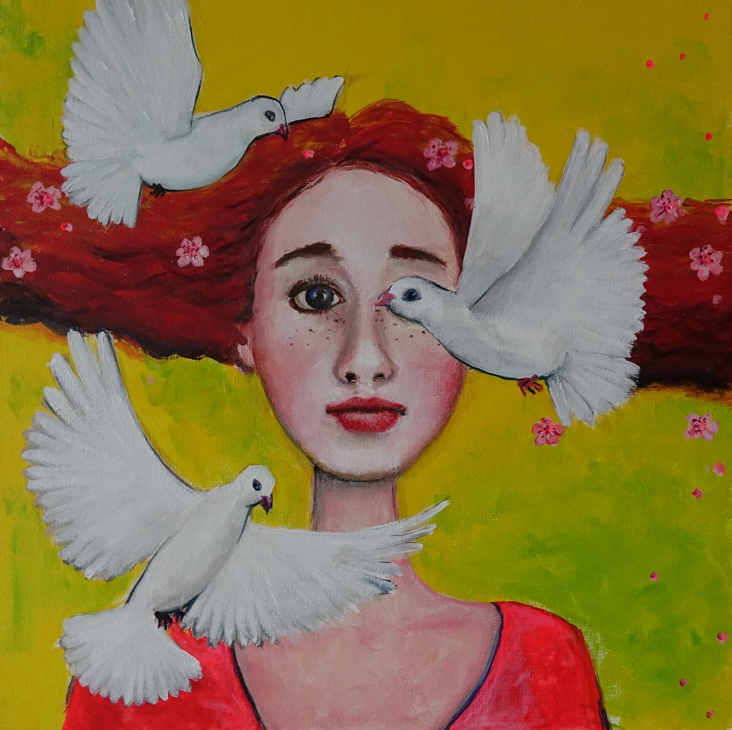 Uosobienie wiosny, kobieta z rudymi włosami, na jasno zielonym tle, wokół jej głowy trzy gołębie