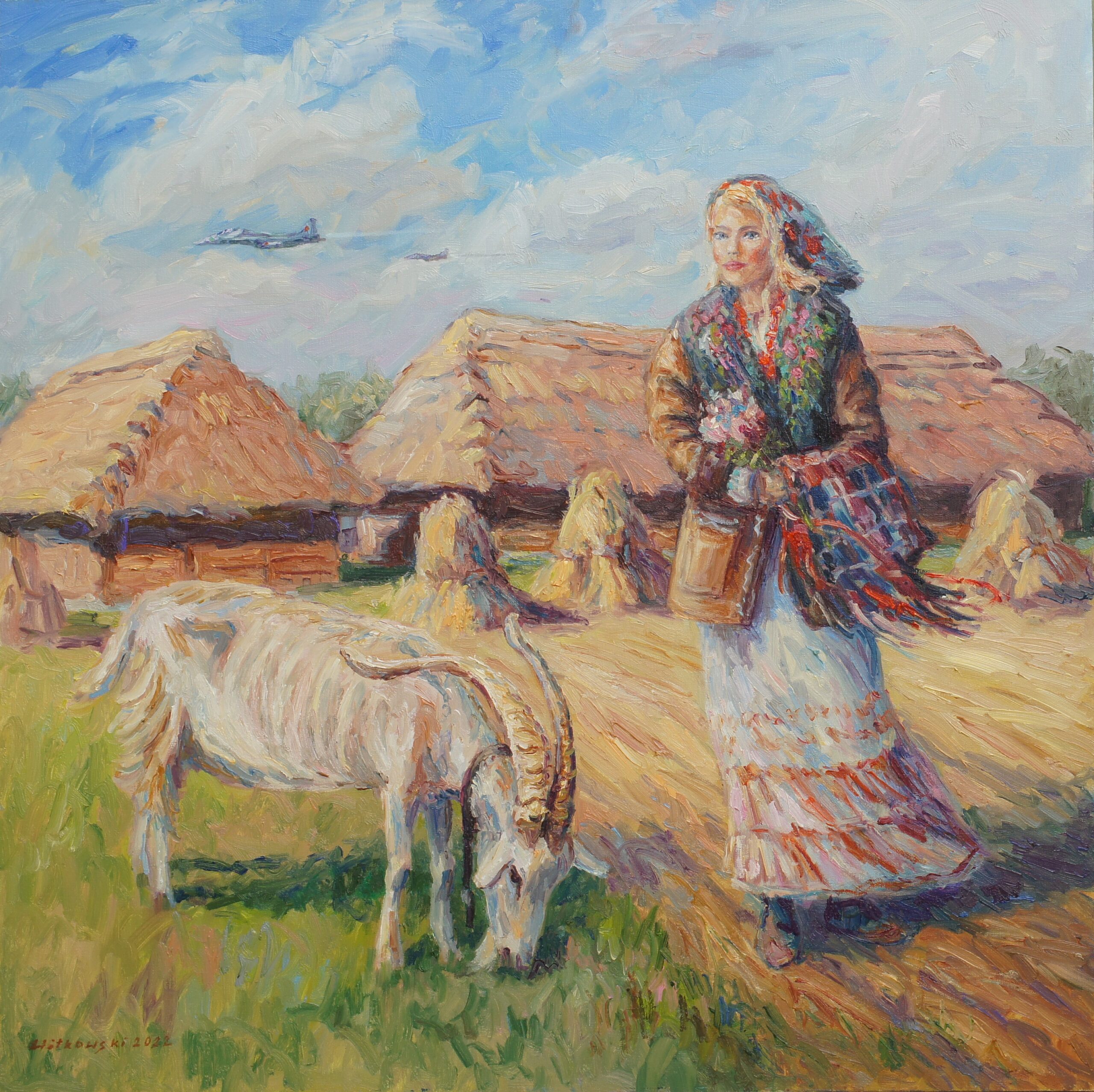 W wiejskim krajobrazie dziewczyna z polnymi kwiatami, obok niej pasie się koza