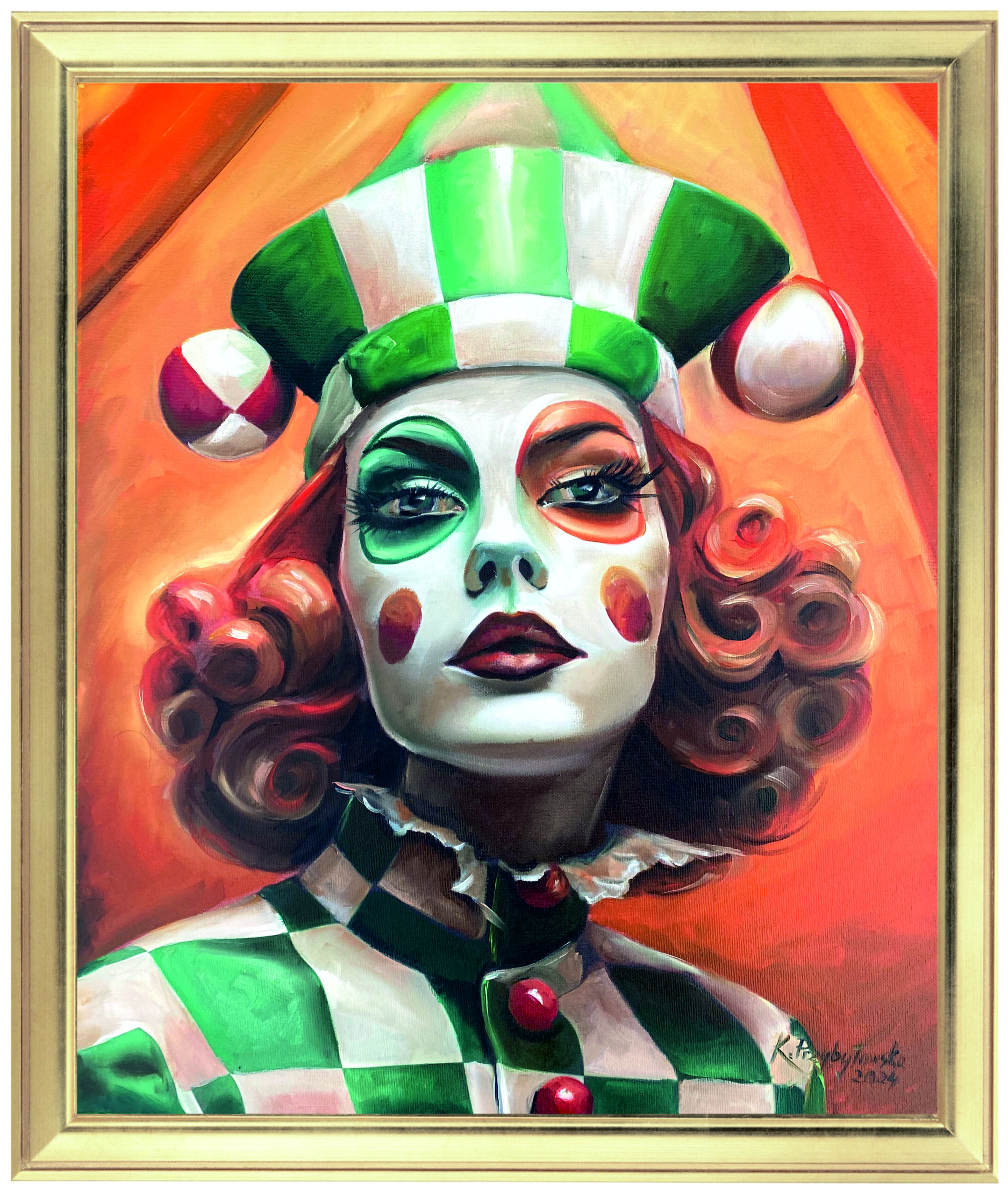 Kobieta w czapce klauna, w kolorach białym i zielonym, mocno pomalowana