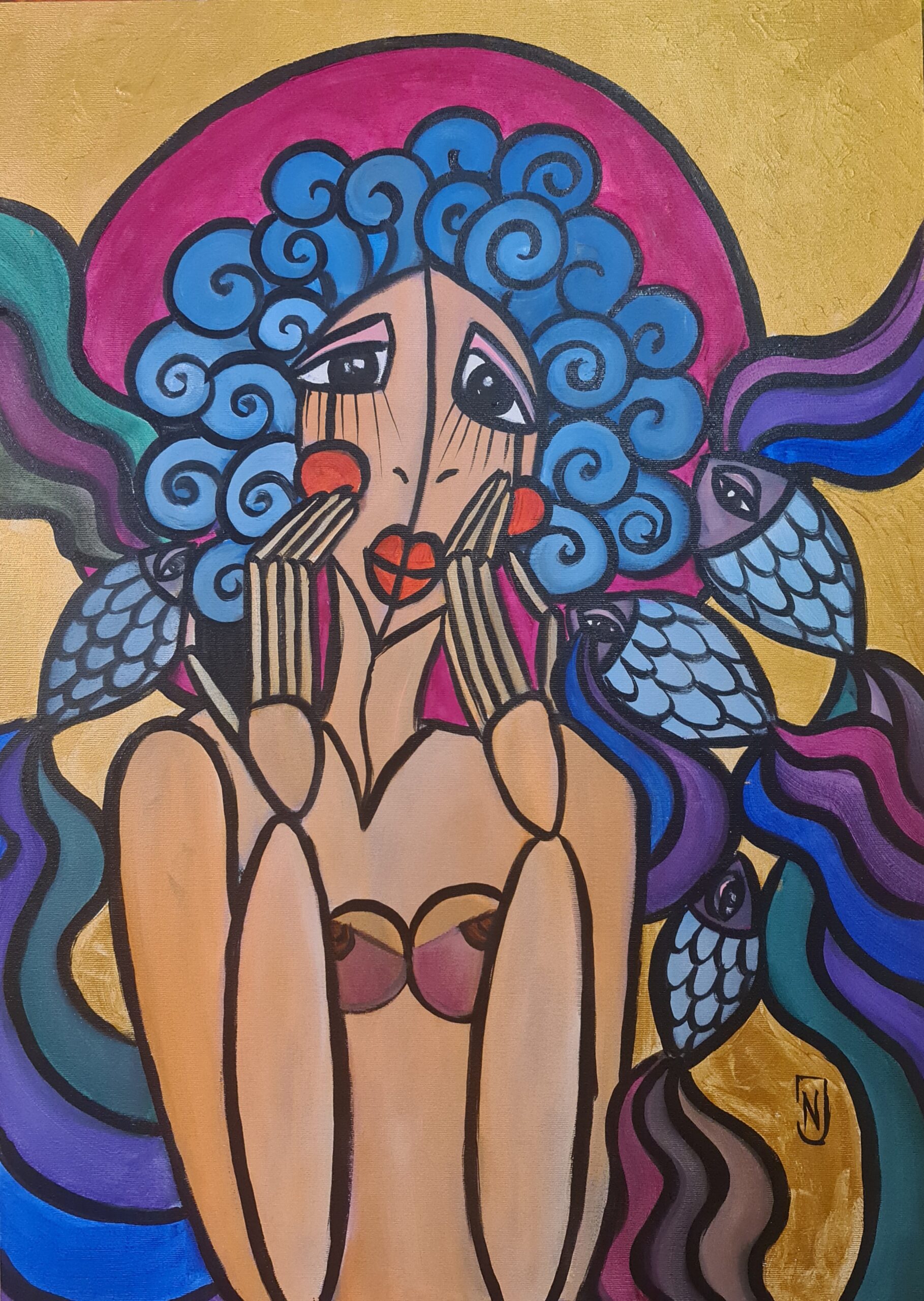 Kobieta z niebieskimi włosami, kubistyczna