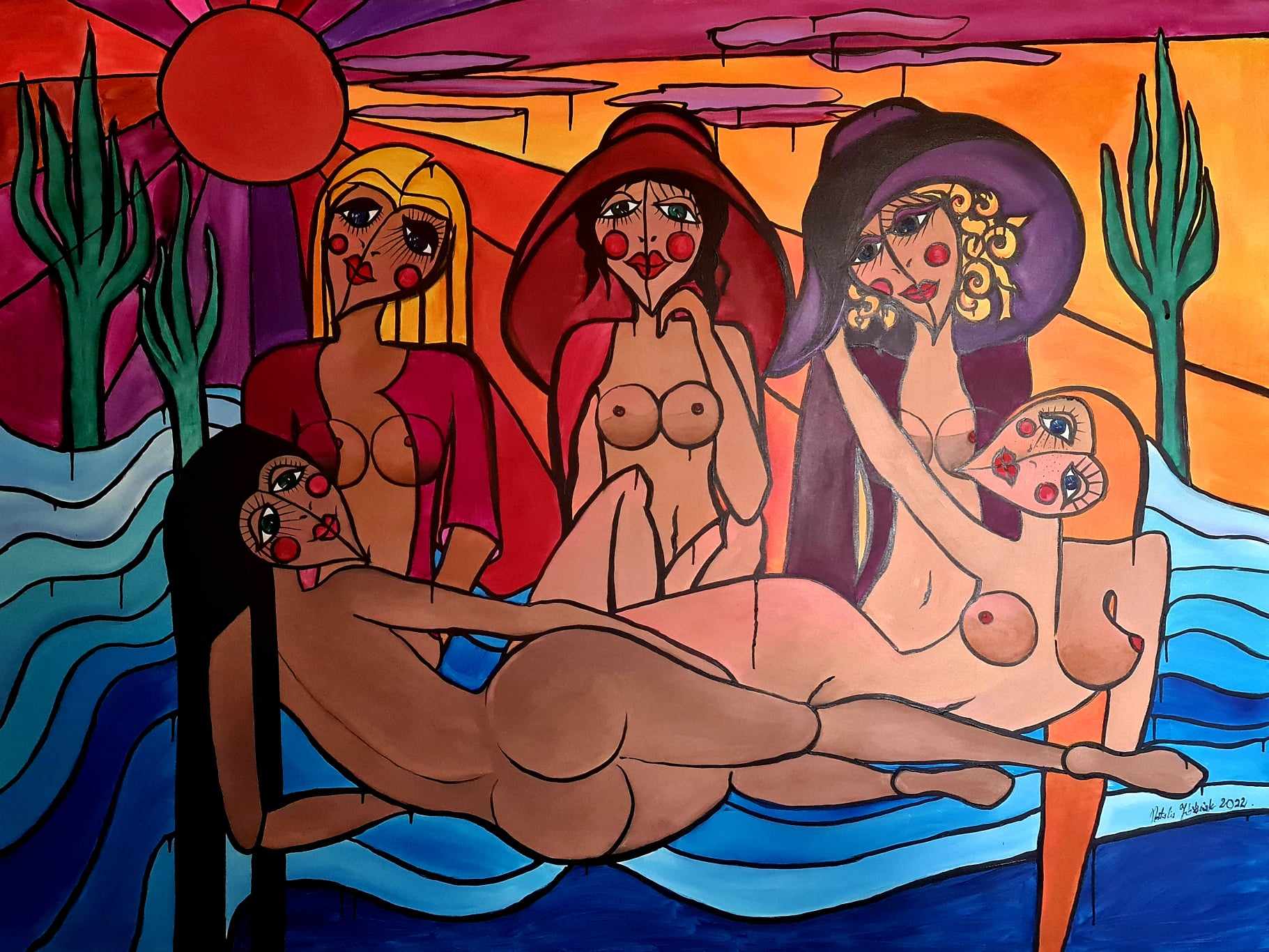 Pięć nagich kobiet na plaży
